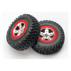 Tires & wheels, assembled, glued (SCT satin chrome, red beadlock style wheels, SCT off-road tire